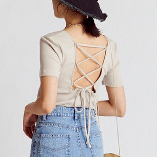 women's t-shirt kuzuwata 2022 summer fashion t-shirts o neck short sleeve backless bandage slim fit solid tees japanese women women, White
women's t-shirt kuzuwata 2022 summer fashion t-shirts o neck short sleeve backless bandage slim fit solid tees japanese women women, White