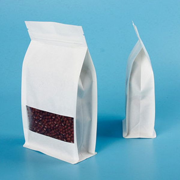 

100pcs 3D Thick Stand up White Paper Window Packaging Bag Resealable Ground Coffee Beans Seeds Snack Tea Cereals Wedding Party Gifts Heat Sealing Storage Pouches