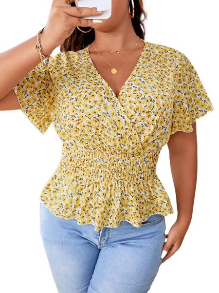 plus ditsy floral print butterfly sleeve shirred peplum blouse e2un#, Black
plus ditsy floral print butterfly sleeve shirred peplum blouse e2un#, Black