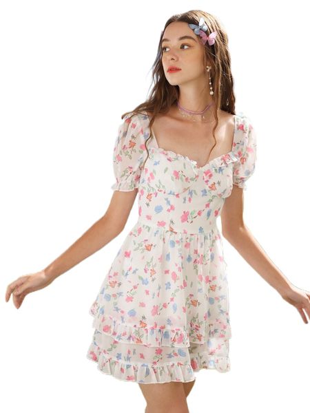 allover floral print puff sleeve sweetheart neck ruffle trim dress s5ad#, Black;gray
allover floral print puff sleeve sweetheart neck ruffle trim dress s5ad#, Black;gray