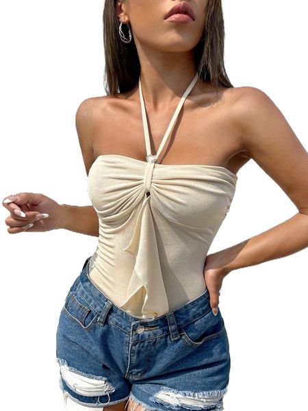 heart-ring detail ruched side tie backless halter 81ga#, White
heart-ring detail ruched side tie backless halter 81ga#, White