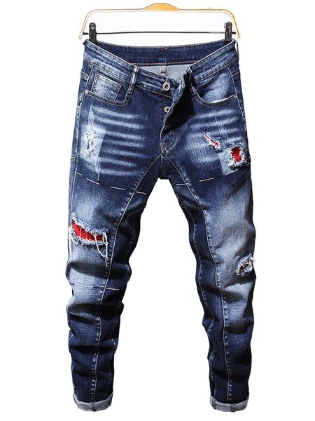 men ripped patched jeans 85lh#, Blue