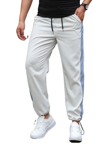 men contrast side seam drawstring waist pants 824m#, Black