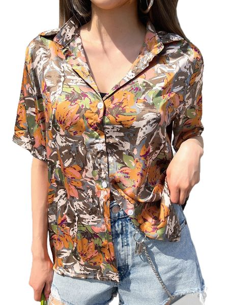 dazy abstract floral print button front blouse v9sd#, White