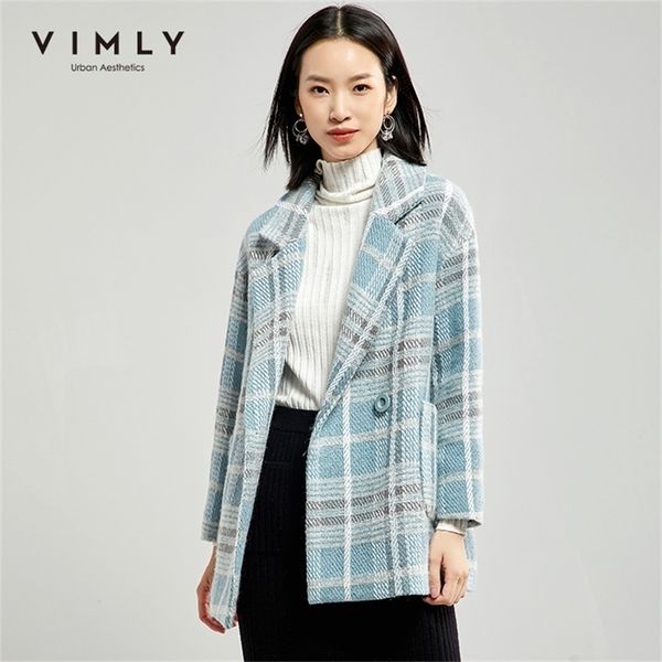 vimly woolen coat women elegant office lady plaid turn down collar double breasted thick winter casual female overcoat 30090 201222, Black