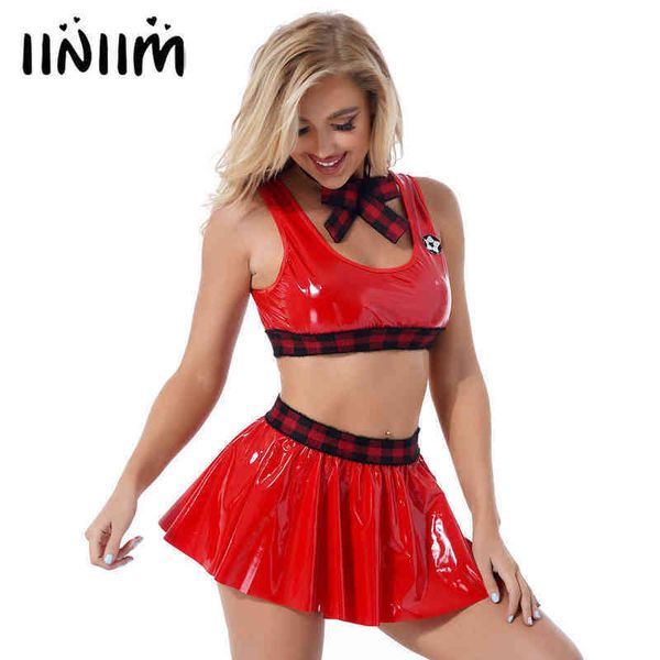 nxy set women red lingerie shiny patent leather sleeveless round neck crop with mini skirt patchwork grid bow tie and thongs 0211, Red;black
nxy set women red lingerie shiny patent leather sleeveless round neck crop with mini skirt patchwork grid bow tie and thongs 0211, Red;black