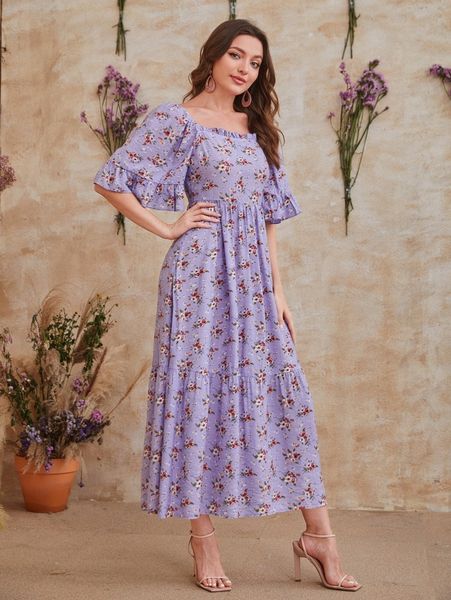 1pc floral print square neck flounce sleeve ruffle hem dress without belt e32w#, Black;gray
1pc floral print square neck flounce sleeve ruffle hem dress without belt e32w#, Black;gray