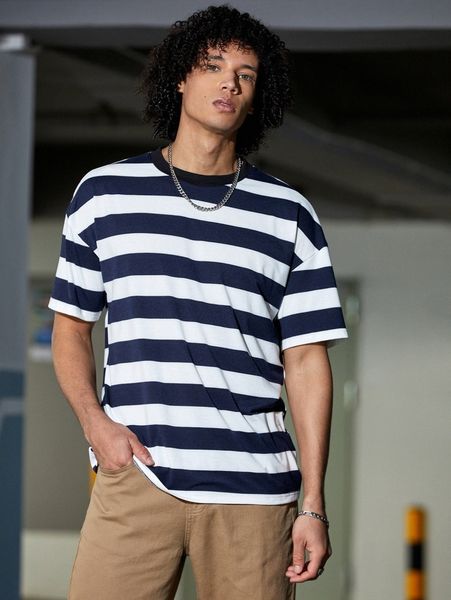 men drop shoulder striped print tee l1wt#, White;black
men drop shoulder striped print tee l1wt#, White;black