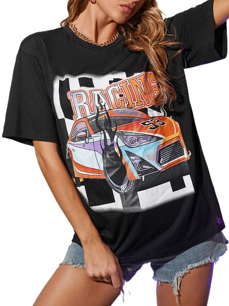 car and letter graphic drop shoulder tee k5wd#, White