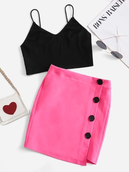girls solid crop cami & button detail skirt she, White 
girls solid crop cami & button detail skirt she, White