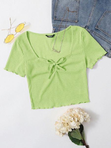 ruched knot front lettuce trim rib-knit e421#, White