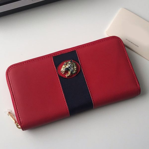 wallet women long purse clutch bag phone bags female fashion classic stripe genuine leather zipper wallets metal animal internal multi card, Red;black