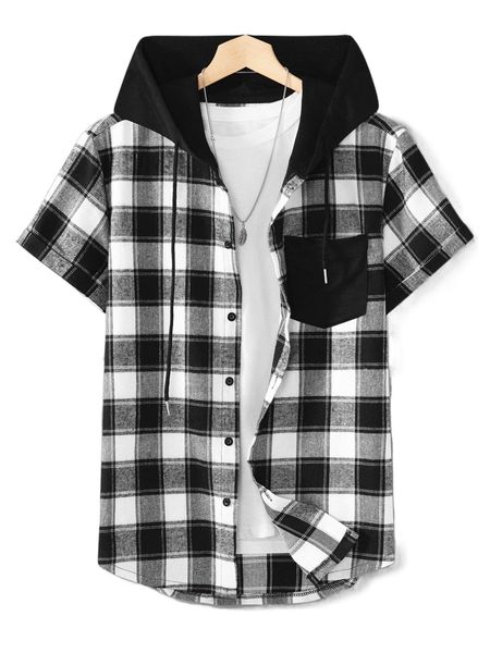men plaid patched pocket drawstring hooded shirt without tee 64g5#, White;black
men plaid patched pocket drawstring hooded shirt without tee 64g5#, White;black
