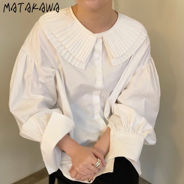 simple peter pan collar blouses pleated ladies single breasted loose solid lantern sleeve blusas mujer de moda 210506, White 
simple peter pan collar blouses pleated ladies single breasted loose solid lantern sleeve blusas mujer de moda 210506, White