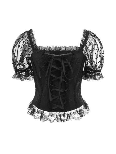 mod contrast lace puff sleeve lace-up front square neck ruffle hem blouse w71d#, White
mod contrast lace puff sleeve lace-up front square neck ruffle hem blouse w71d#, White