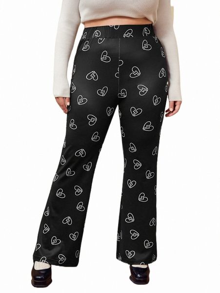 plus heart print flare leg pants b1qu#, Black