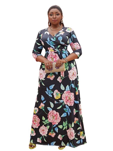 plus floral print belted wrap detail dress u5zg#, Black