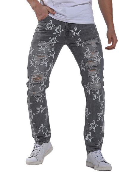 men star print ripped jeans x2uq#, Blue 
men star print ripped jeans x2uq#, Blue