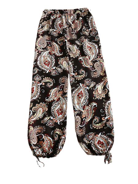 plus floral & paisley print knot hem pants i83y#, Black