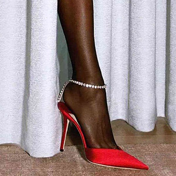 european new pointed toe stiletto rhinestone high heels baotou satin super sandals french red women's pumps 220520, Black
european new pointed toe stiletto rhinestone high heels baotou satin super sandals french red women's pumps 220520, Black