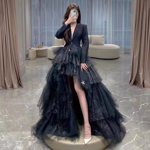 fabulous high low prom dresses blazer v neck long sleeves evening gowns tiered tulle sweep train plus size formal wear black women suits
fabulous high low prom dresses blazer v neck long sleeves evening gowns tiered tulle sweep train plus size formal wear black women suits