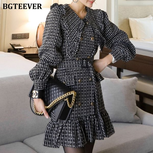bgteever vintage double breasted women ruffles package hip mini dress elegant lapel slim wasit belted plaid vestidos femme 2021, Black;gray
bgteever vintage double breasted women ruffles package hip mini dress elegant lapel slim wasit belted plaid vestidos femme 2021, Black;gray
