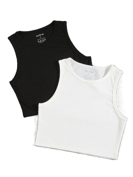 2pcs solid ribbed knit tank q8zl#, White