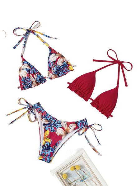3pack tropical print frill trim halter triangle bikini swimsuit s776#, White;black
3pack tropical print frill trim halter triangle bikini swimsuit s776#, White;black