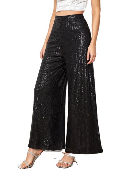 high waist sequin wide leg pants k8gq#, Black;white