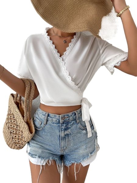 guipure lace insert scallop trim knot side wrap blouse w4tm#, White
guipure lace insert scallop trim knot side wrap blouse w4tm#, White