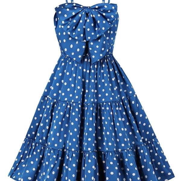 tonval blue polka dot bow front strap summer dres high waist shirred back pleated vintage clothes 220520, Black;gray
tonval blue polka dot bow front strap summer dres high waist shirred back pleated vintage clothes 220520, Black;gray