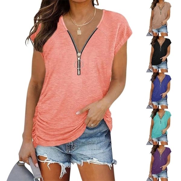 women's summer style chest zipper pleated solid color fashion v-neck shirt casual short-sleeved pullover t-shirt 220520, White
women's summer style chest zipper pleated solid color fashion v-neck shirt casual short-sleeved pullover t-shirt 220520, White