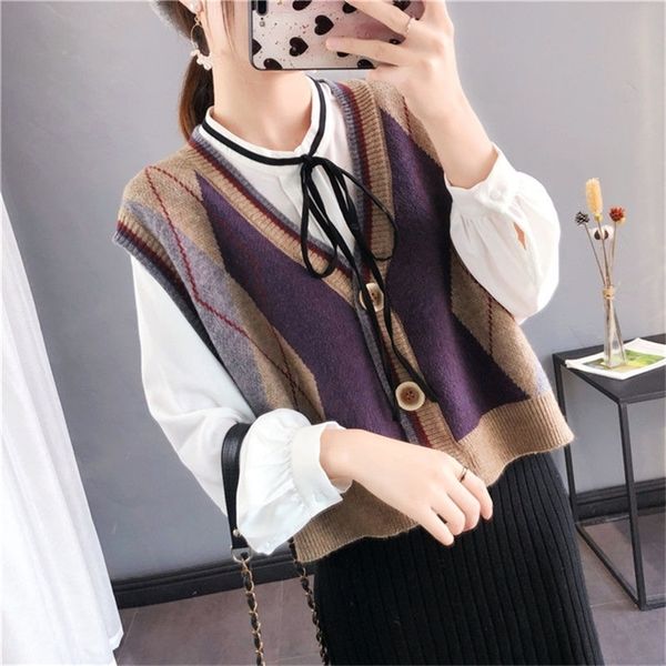 cardigan vest women knit autumn and winter loose check sleeveless waistcoat sweater vest jacket college style 201223, White;black
cardigan vest women knit autumn and winter loose check sleeveless waistcoat sweater vest jacket college style 201223, White;black