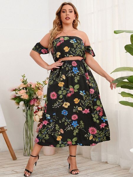 plus floral print off shoulder crop & skirt c0la#, Black 
plus floral print off shoulder crop & skirt c0la#, Black
