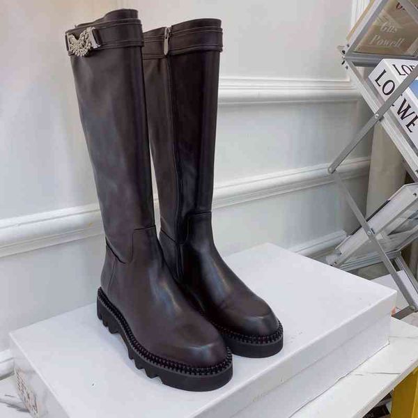 boots women's leather high heels square round head metal decoration winter series, Black