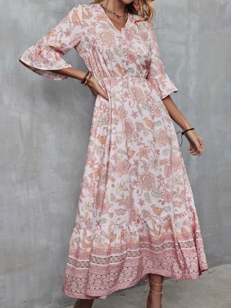 bird & floral print flounce sleeve ruffle hem dress 69ei#, Black;gray
bird & floral print flounce sleeve ruffle hem dress 69ei#, Black;gray