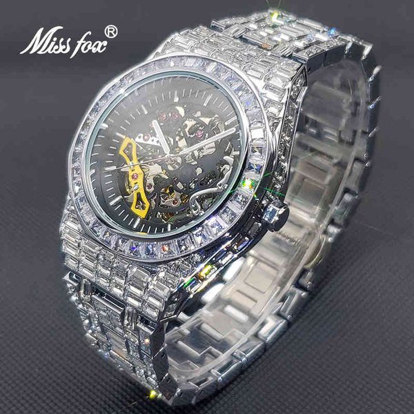 missfox hip hop ice out mechanical men watch luxury full diamond skeleton clock waterproof tourbillon automatic watches 2022, Slivery;brown 
missfox hip hop ice out mechanical men watch luxury full diamond skeleton clock waterproof tourbillon automatic watches 2022, Slivery;brown
