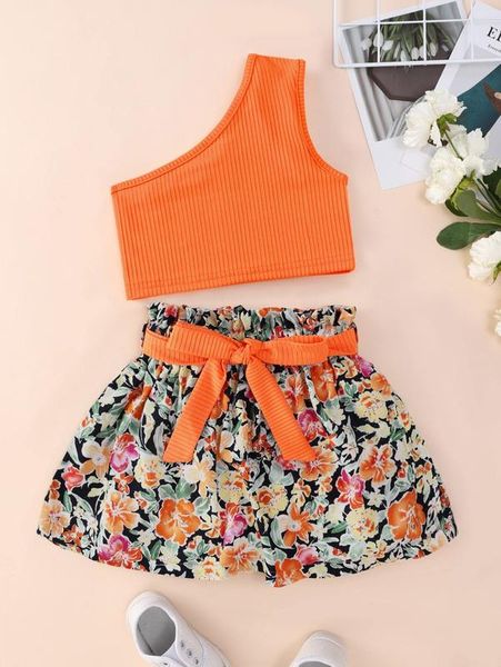 toddler girls rib-knit one shoulder & floral print belted skirt she, White