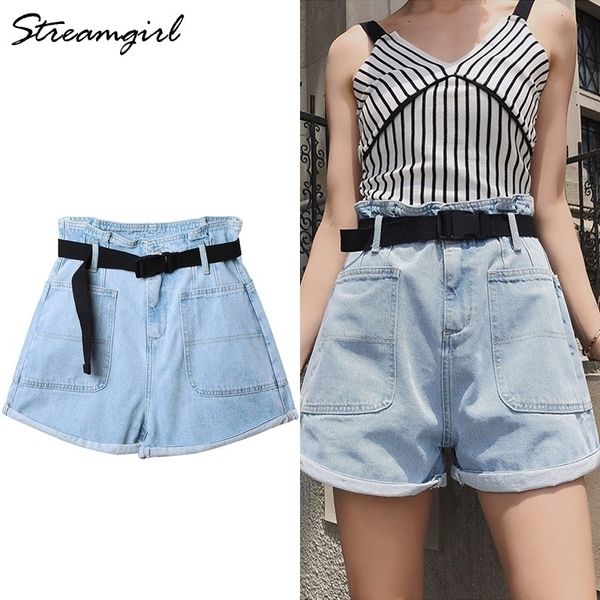 

womens summer shorts denim high waisted with belt loose short jean denim shorts with pockets jeans short woman casual y200403, White;black