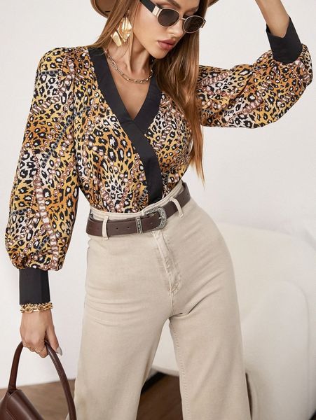 leopard & chain print contrast trim lantern sleeve blouse 59d4#, White