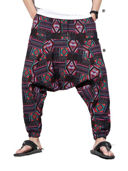 men random geo print drop crotch pants j7s1#, Black