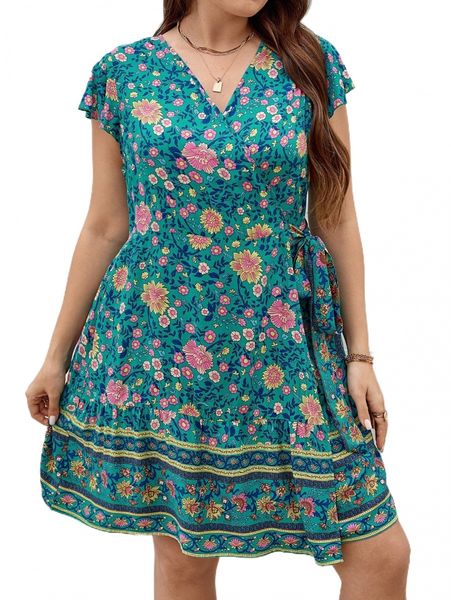 plus floral print butterfly sleeve wrap tie side dress l8pa#, Black 
plus floral print butterfly sleeve wrap tie side dress l8pa#, Black