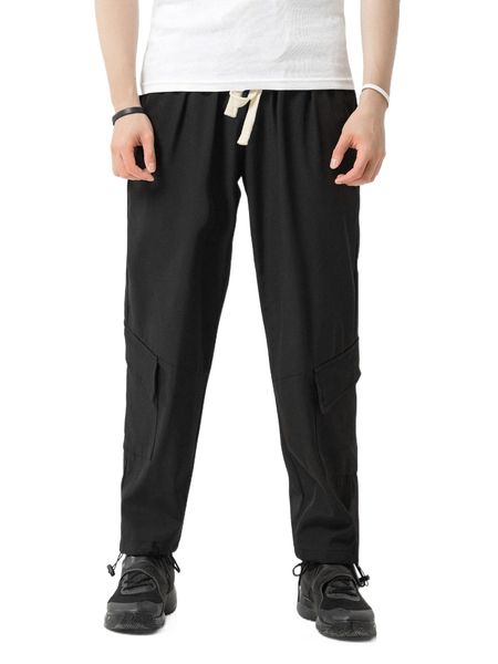 men drawstring waist flap pocket cargo pants f9fi#, Black
