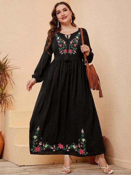 plus floral embroidery tassel tie neck lantern sleeve dress a6q2#, Black