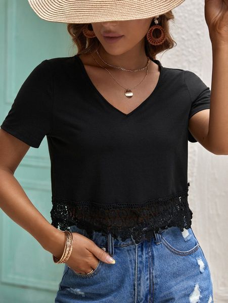 guipure lace v neck tee n8mw#, White