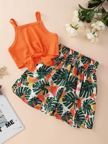 toddler girls tie hem cami & tropical print fake button shorts she, White 
toddler girls tie hem cami & tropical print fake button shorts she, White
