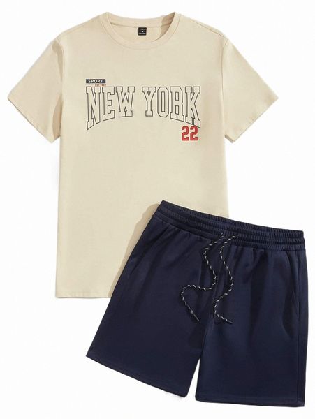 men letter graphic tee & drawstring waist shorts n5ld#, Gray 
men letter graphic tee & drawstring waist shorts n5ld#, Gray
