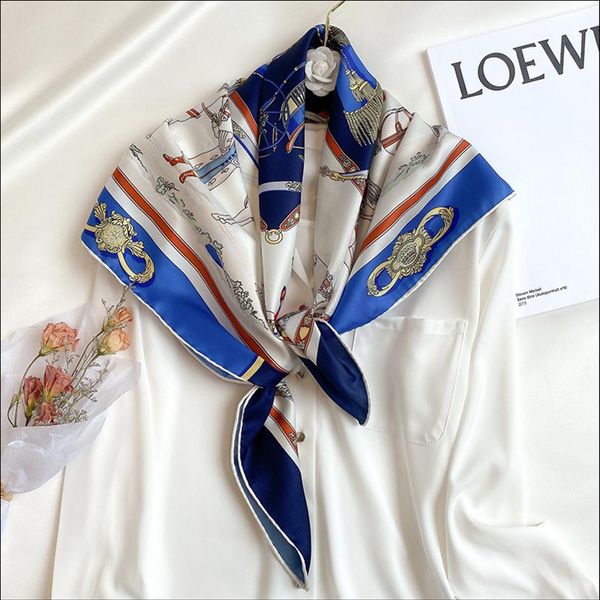 satin scarf for hair foulard satin scarf female silk head scarves for ladies hand sewn edges scarf 90 carriage print foulard263f, Blue;gray