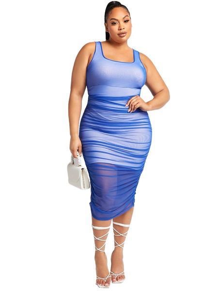sxy plus ruched side sheer mesh dress b50x#, Black