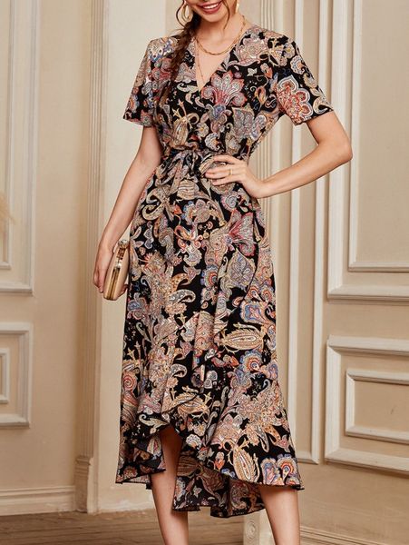 paisley & floral print overlap collar ruffle hem belted dress 96ek#, Black;gray
paisley & floral print overlap collar ruffle hem belted dress 96ek#, Black;gray